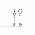 A pair of silver hoop earrings with a single drop chain ending in a small round pearl bead, photographed on a clean white background with soft shadows.