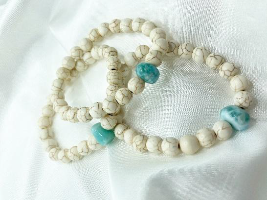 Volcanic Stone Bracelet/White Turquoise Stone Bracelet with Larimar Centerpiece